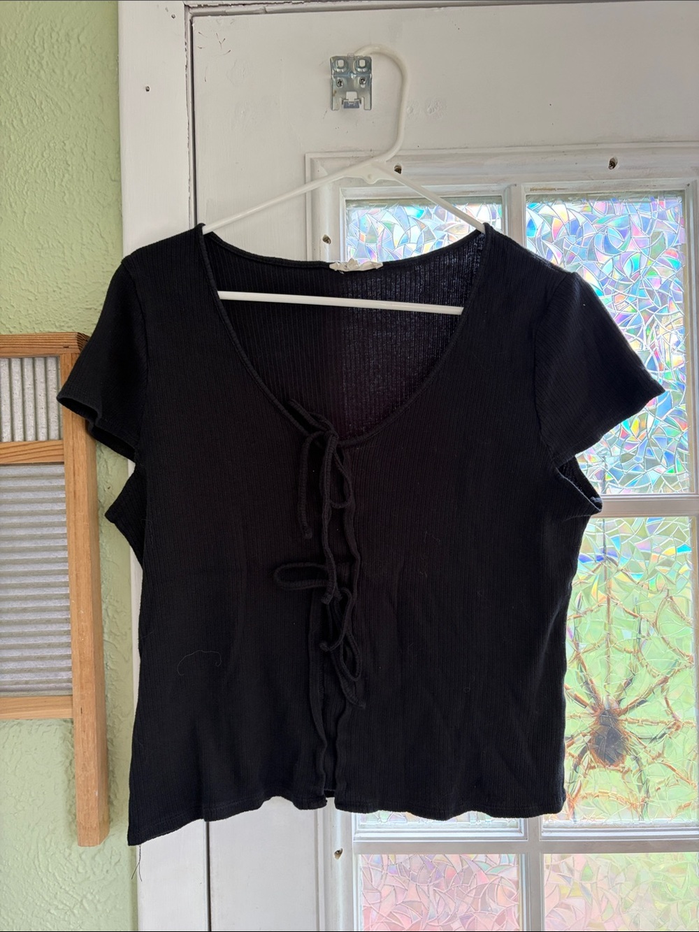 Madewell Black Short-Sleeve Tie-Front Ribbed Top